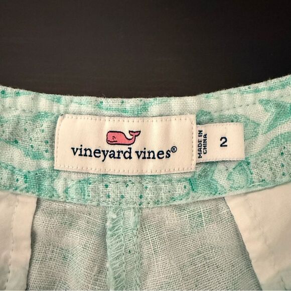 Vineyard Vines Linen Shorts 3'' Womens Sz 2 Green Fish Print Summer Beach - Picture 8 of 13